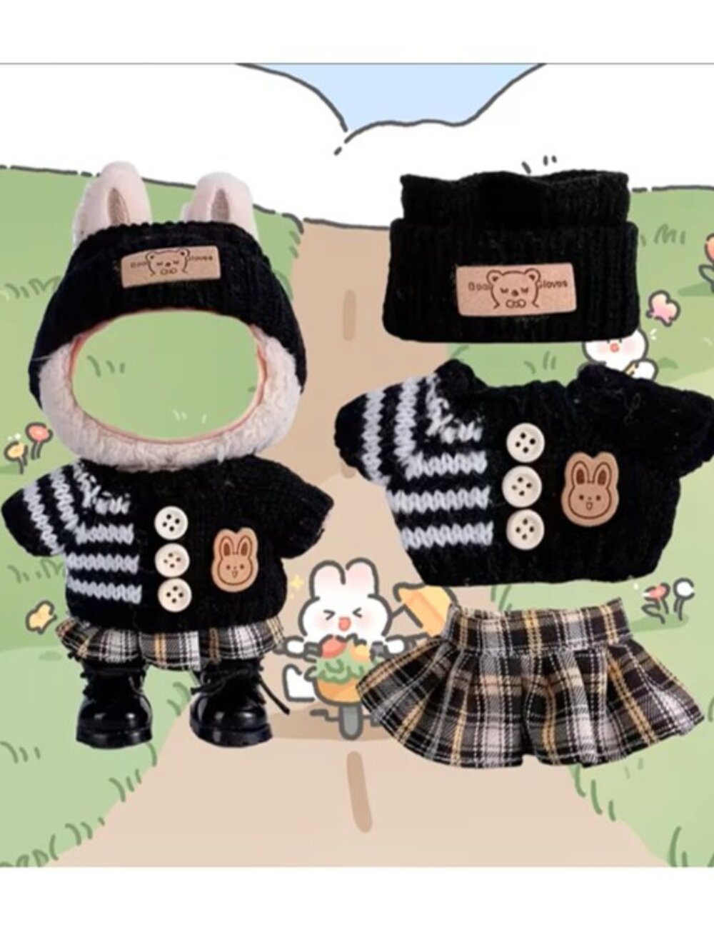 LABUBU Doll Clothes (3-Pc) Black Sweater, Plaid Skirt & Hat (NEW & SO CUTE!)